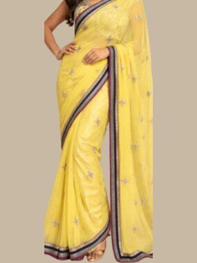Yellow Saree Velvet trim Embroidered Party Wear indian wedding haldi cocktail